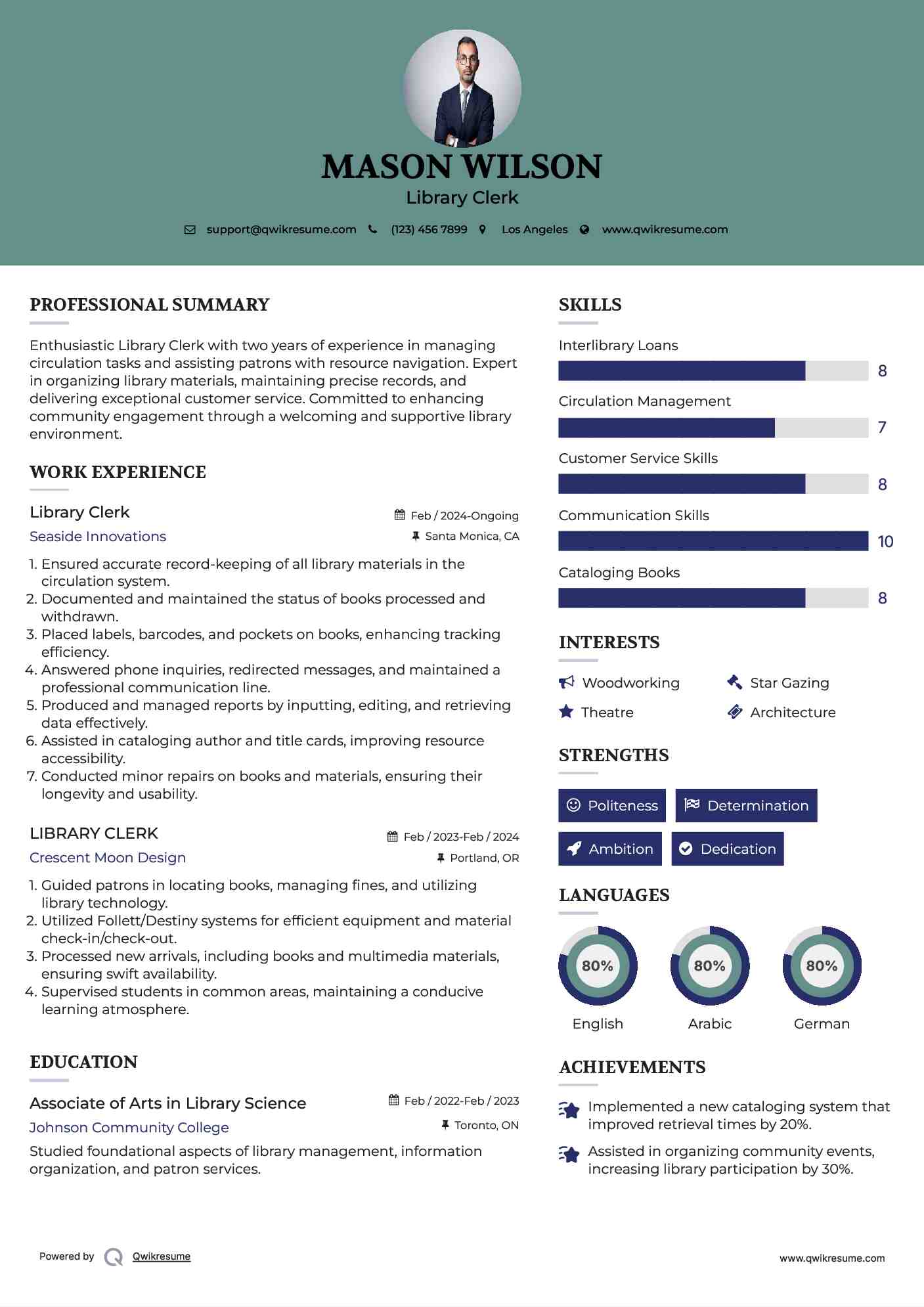 Library Clerk Resume Sample