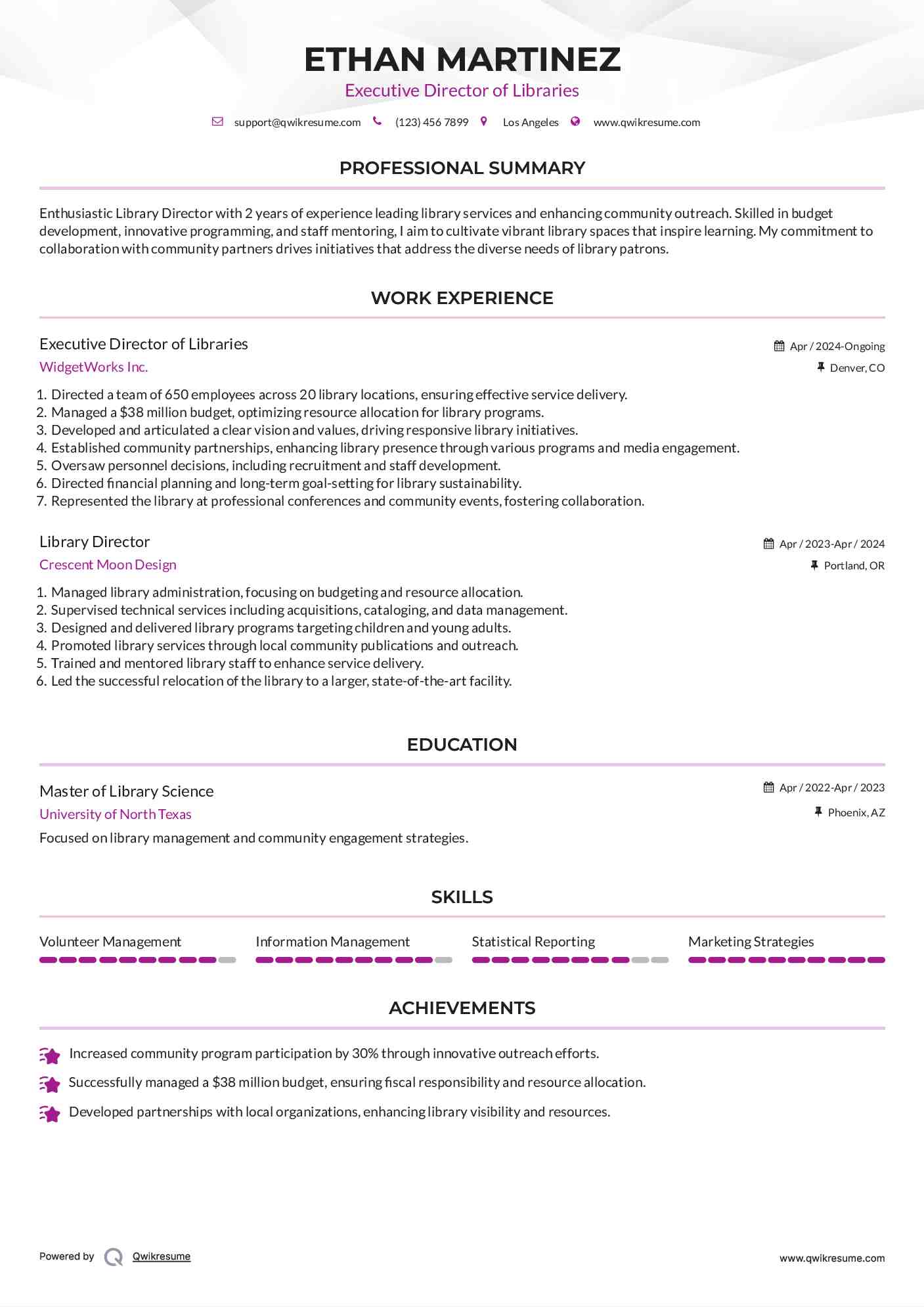 Executive Director of Libraries Resume Example