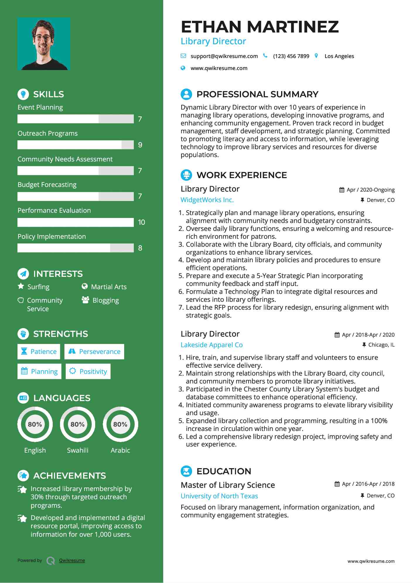 Library Director Resume Example