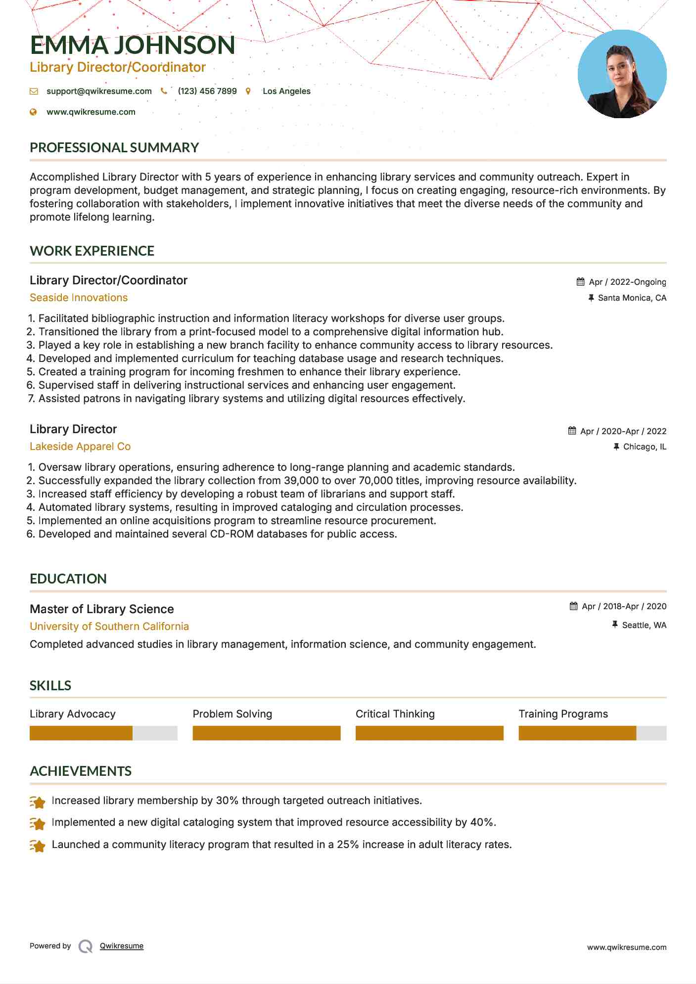 Library Director/Coordinator Resume Template