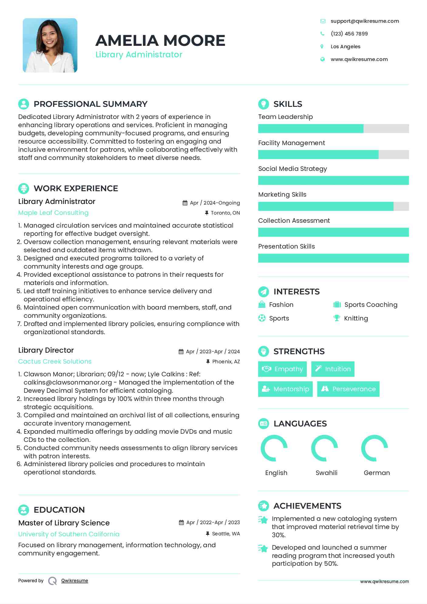 Library Administrator Resume Sample