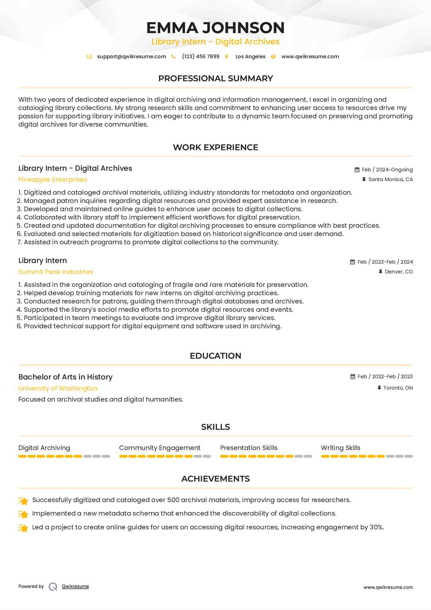 Library Intern - Digital Archives Resume Template