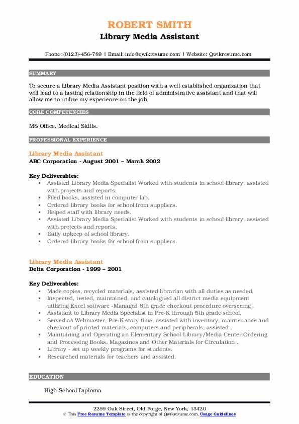 Library Media Assistant Resume Samples QwikResume