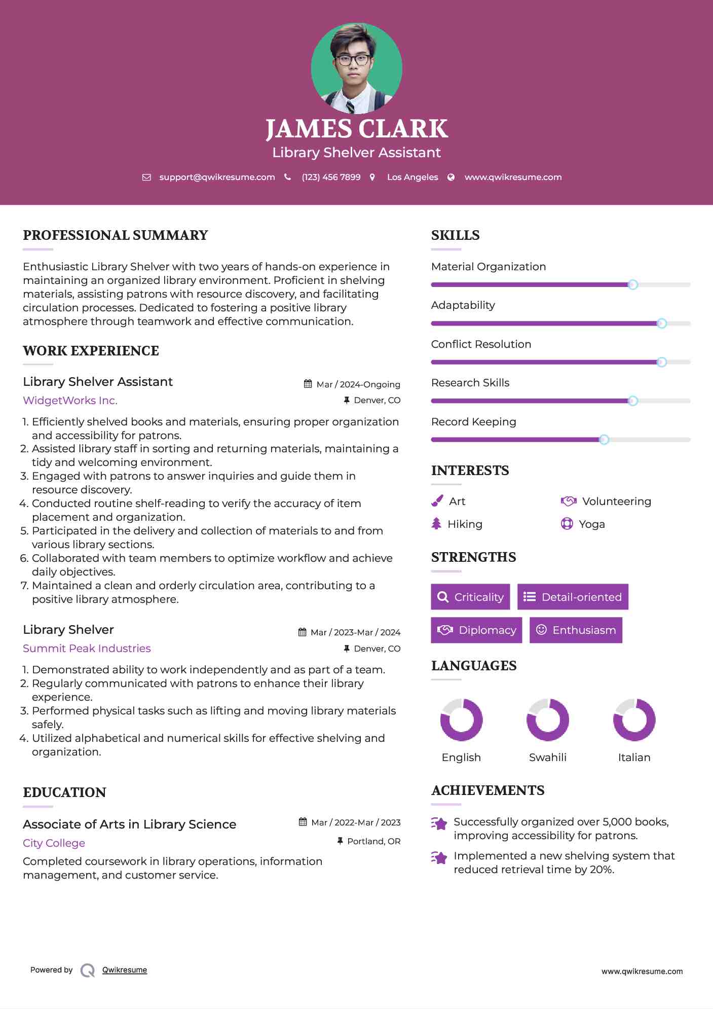 Library Shelver Assistant Resume Model
