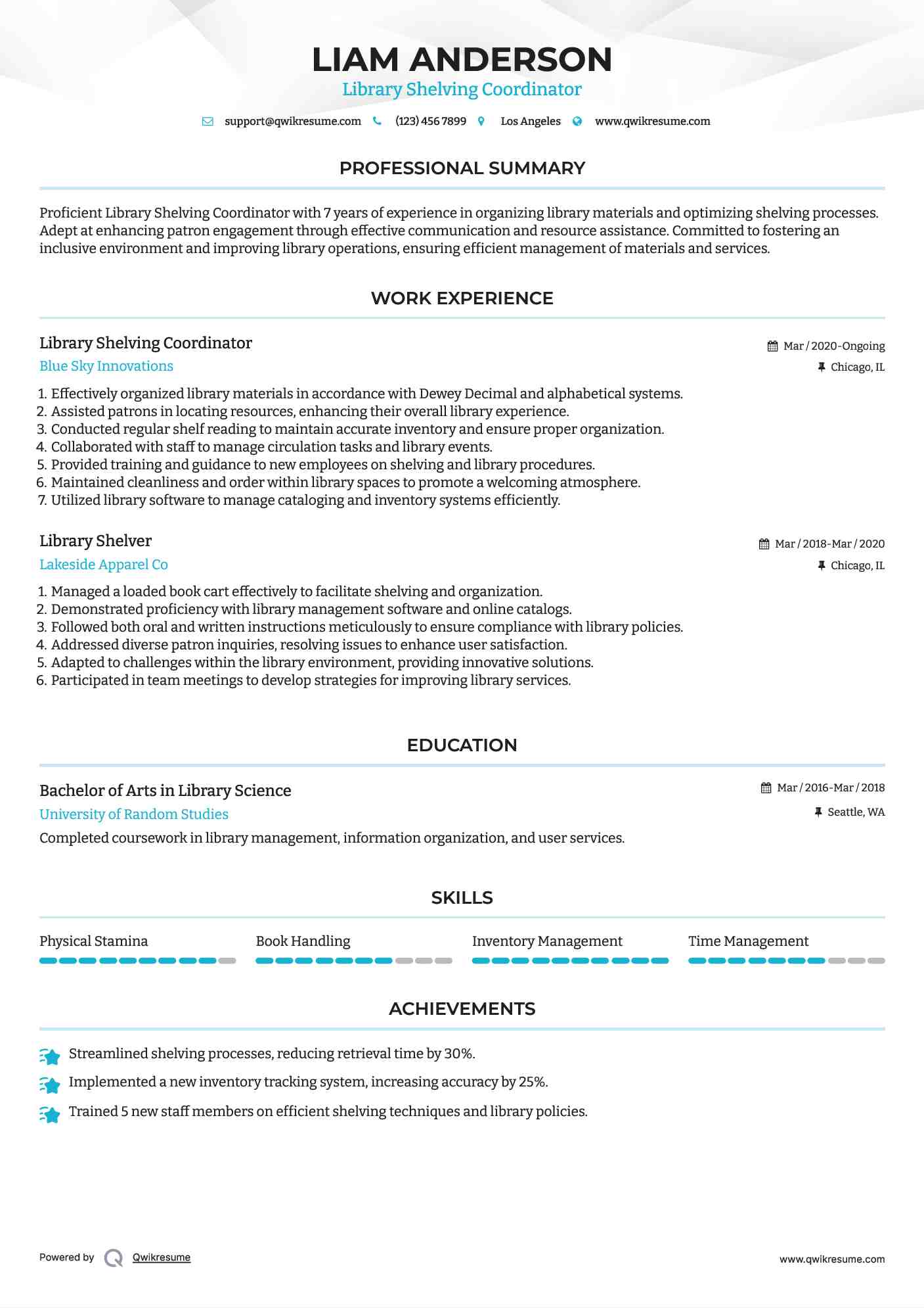 Library Shelving Coordinator Resume Example