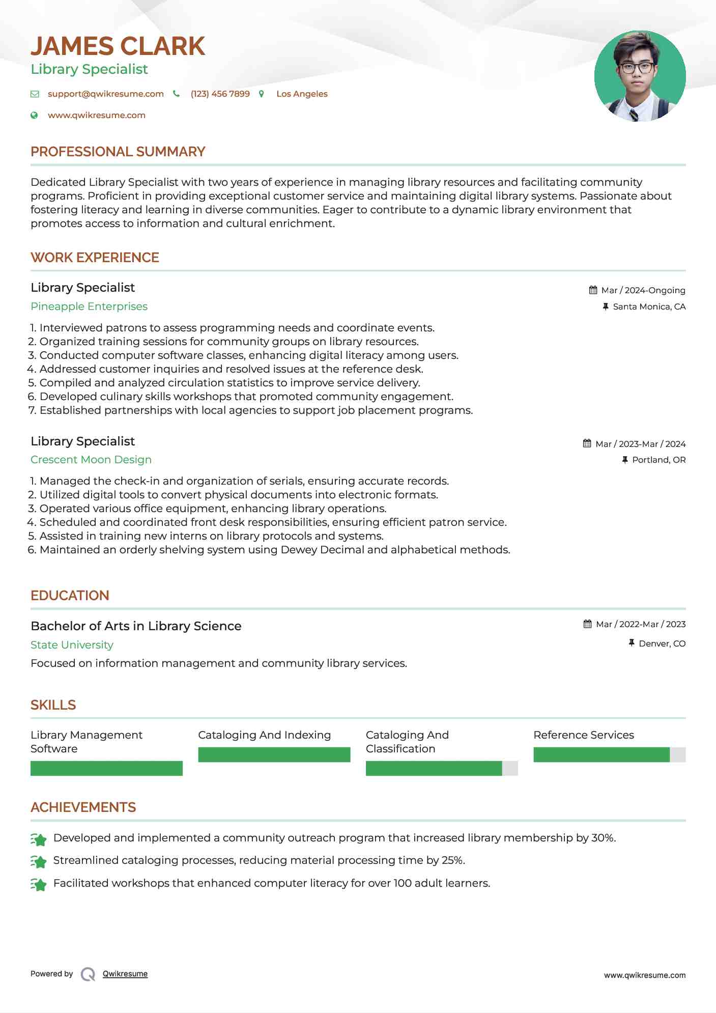 Library Specialist Resume Model