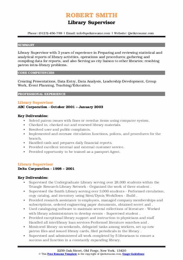 Library Supervisor Resume Samples QwikResume