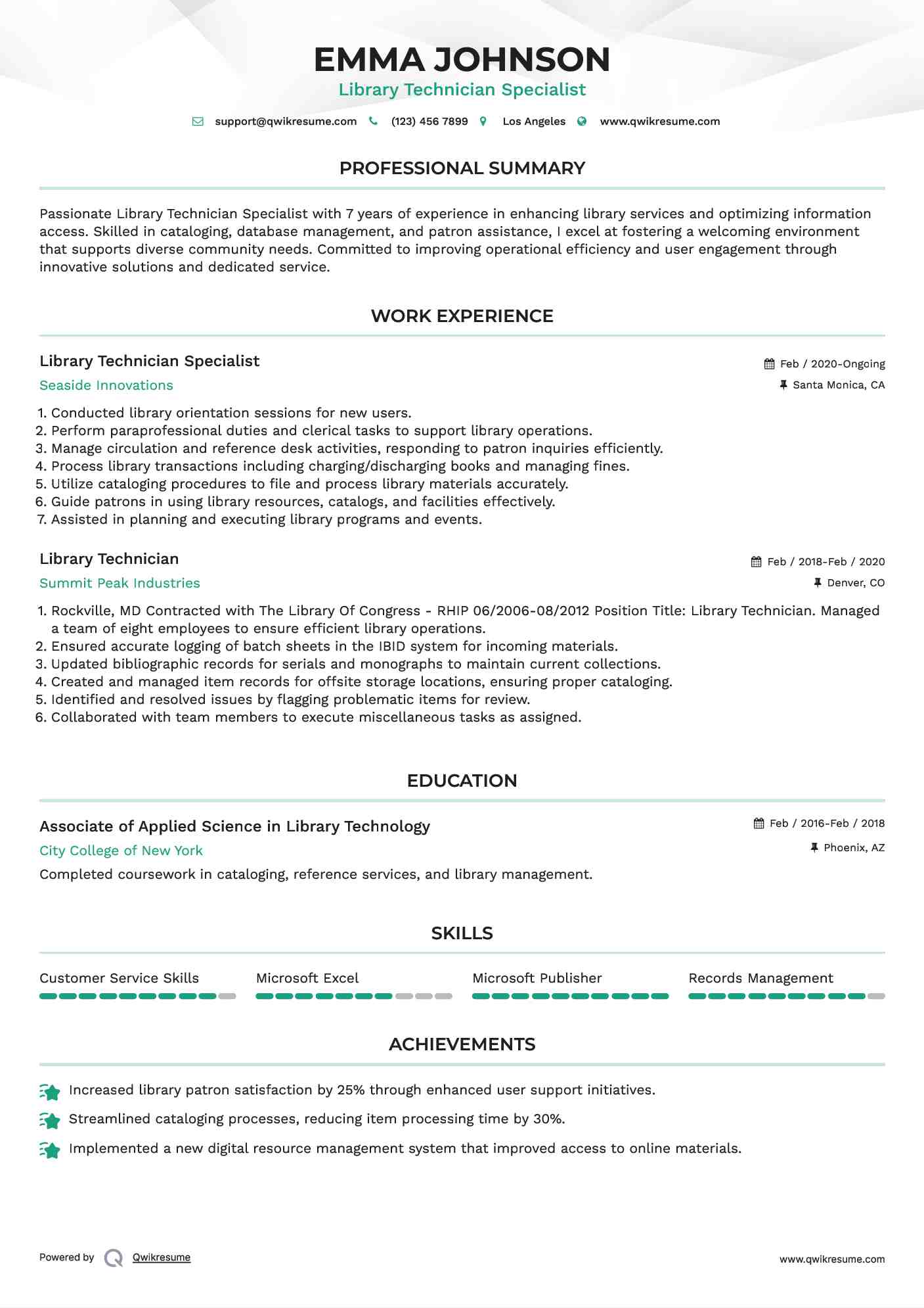 Library Technician Specialist Resume Model