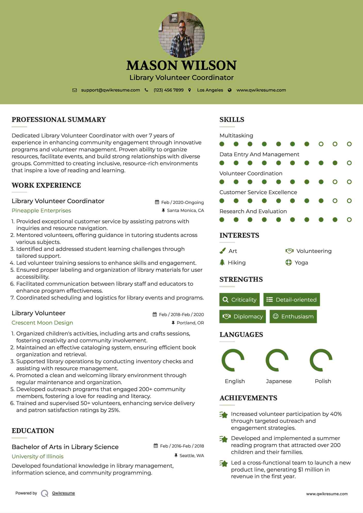 Library Volunteer Coordinator Resume Model