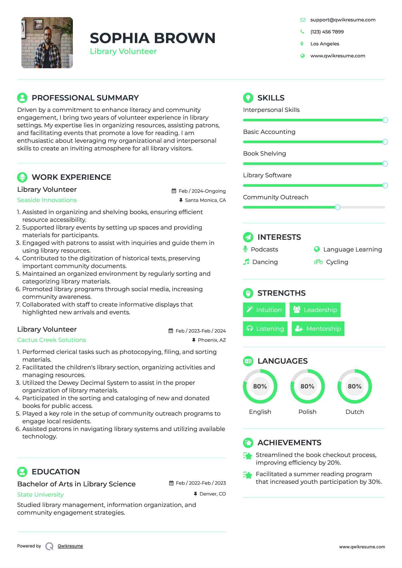 Library Volunteer Resume Sample