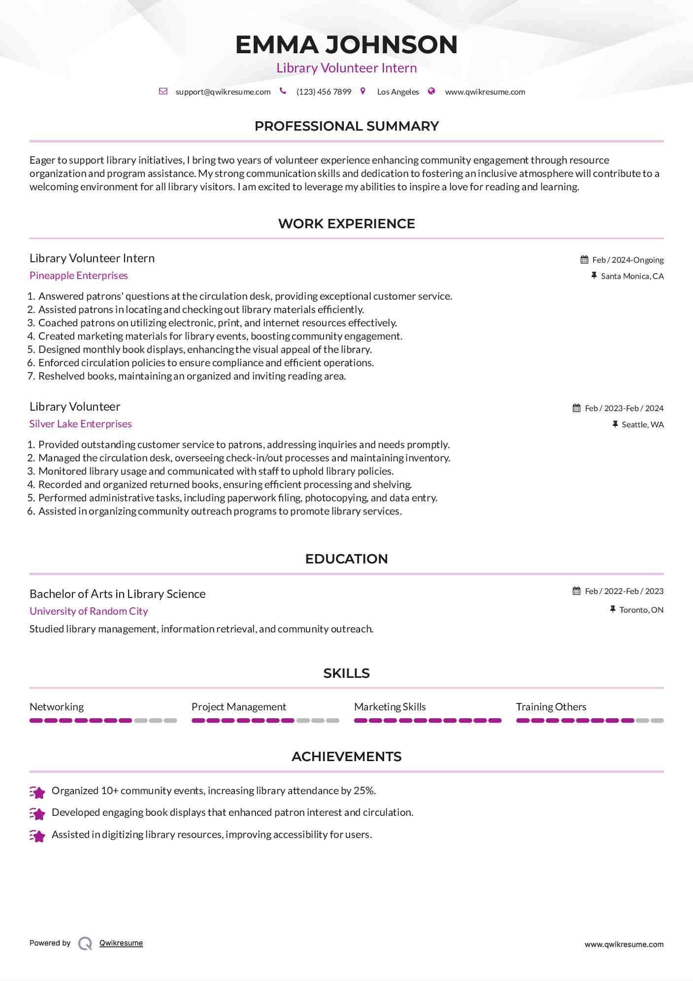 Library Volunteer Intern Resume Template