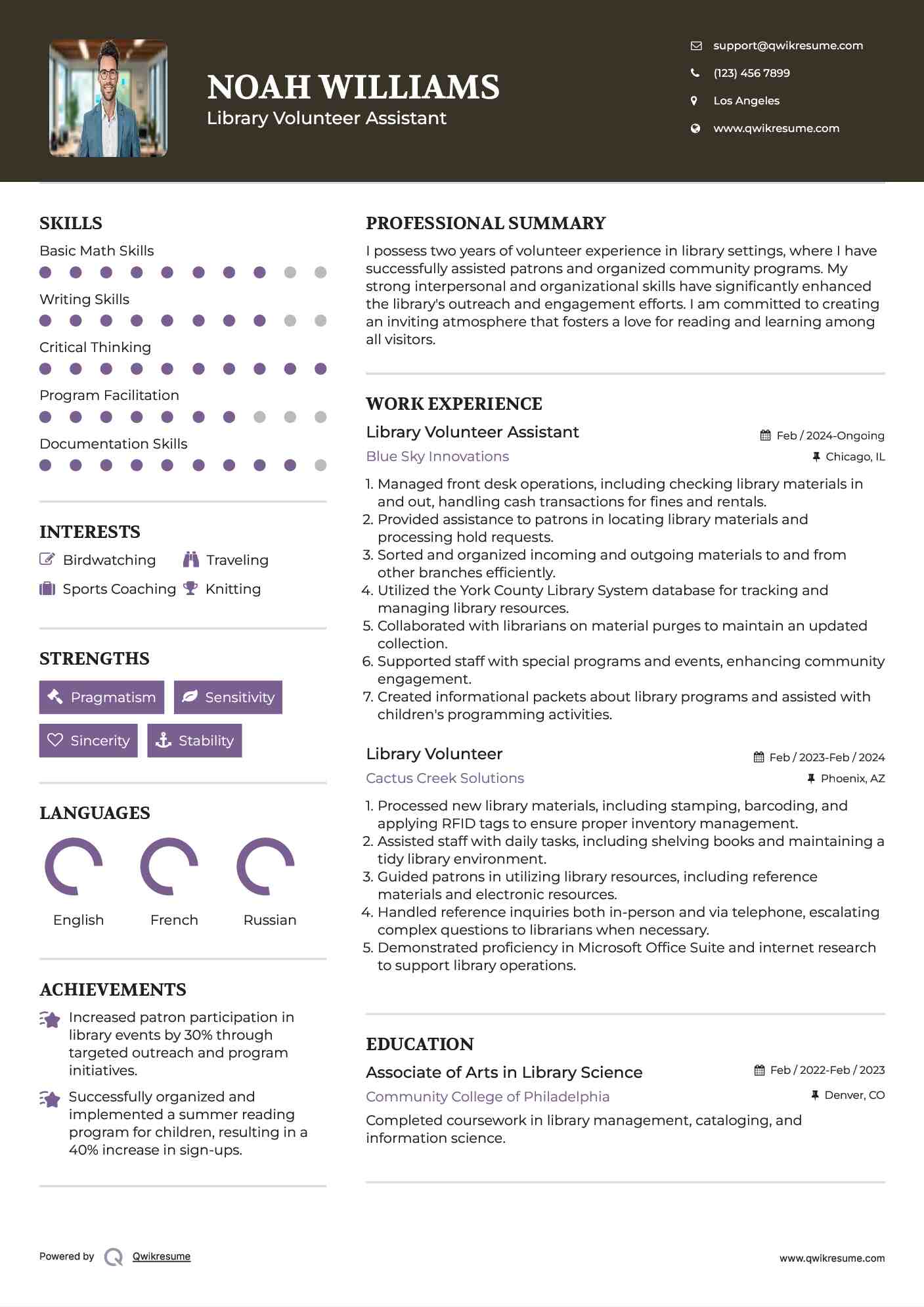 Library Volunteer Assistant Resume Sample