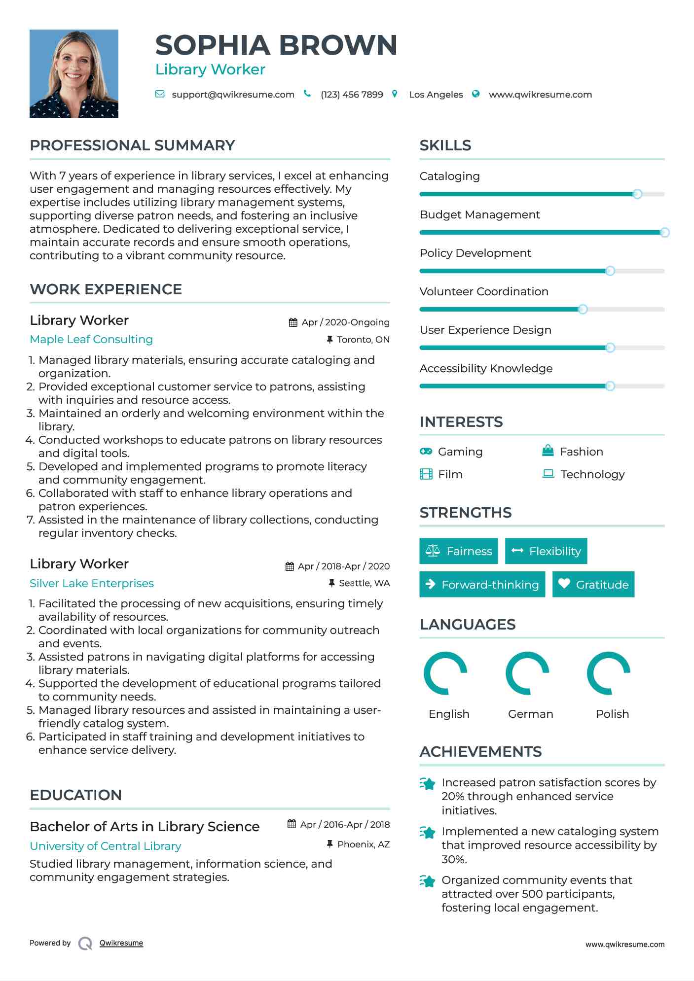 Library Worker Resume Example