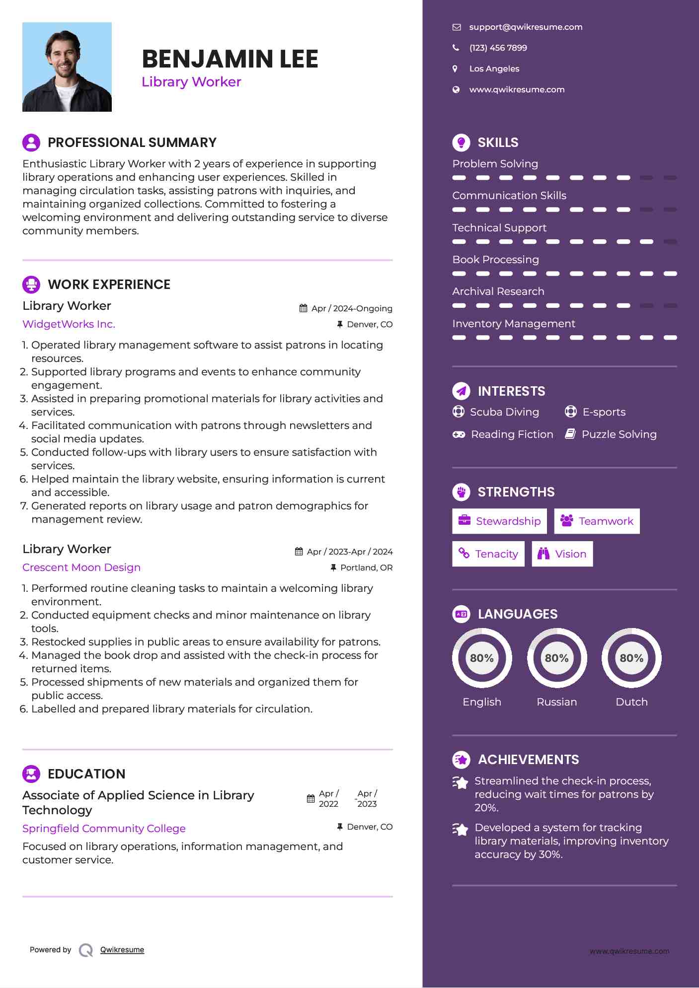 Library Worker Resume Example