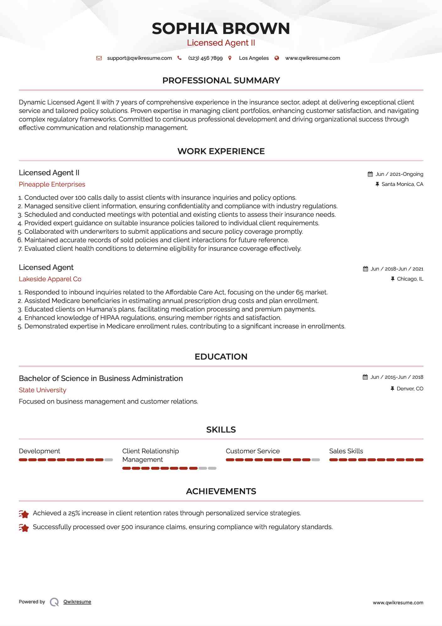 Licensed Agent II Resume Format