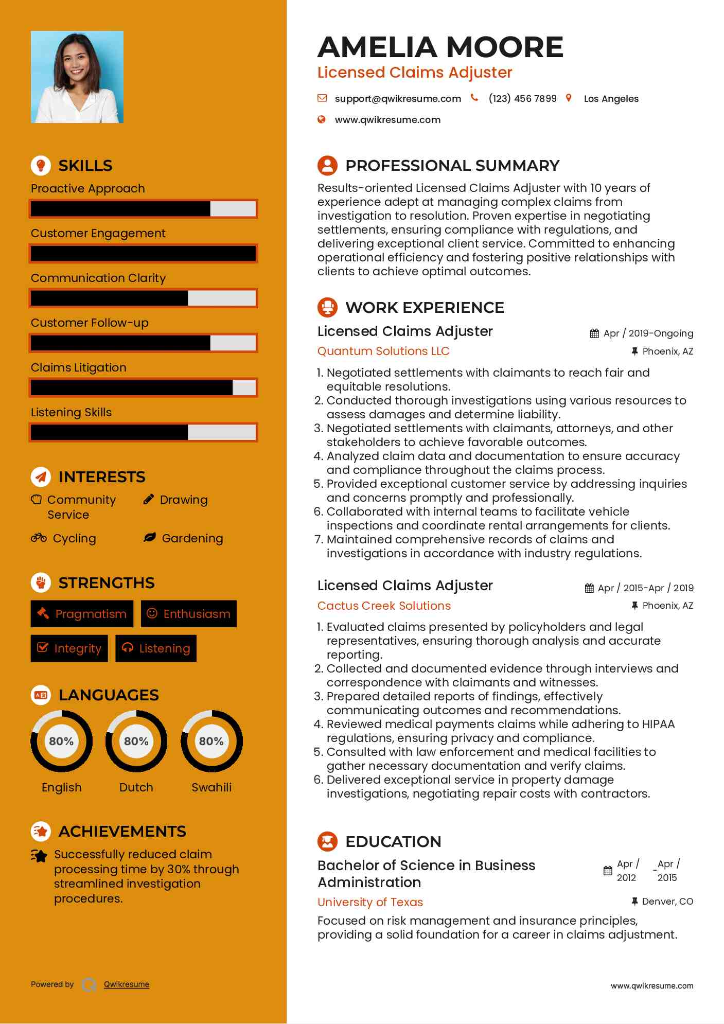 Licensed Claims Adjuster Resume Example
