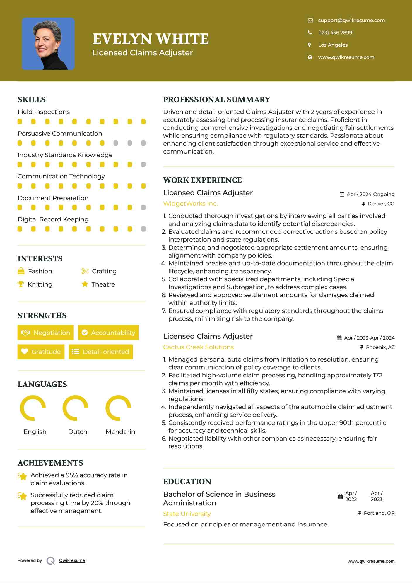 Licensed Claims Adjuster Resume Sample