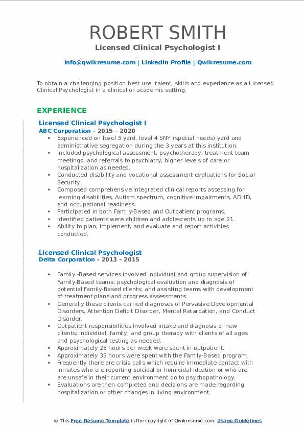Licensed Clinical Psychologist Resume Samples | QwikResume