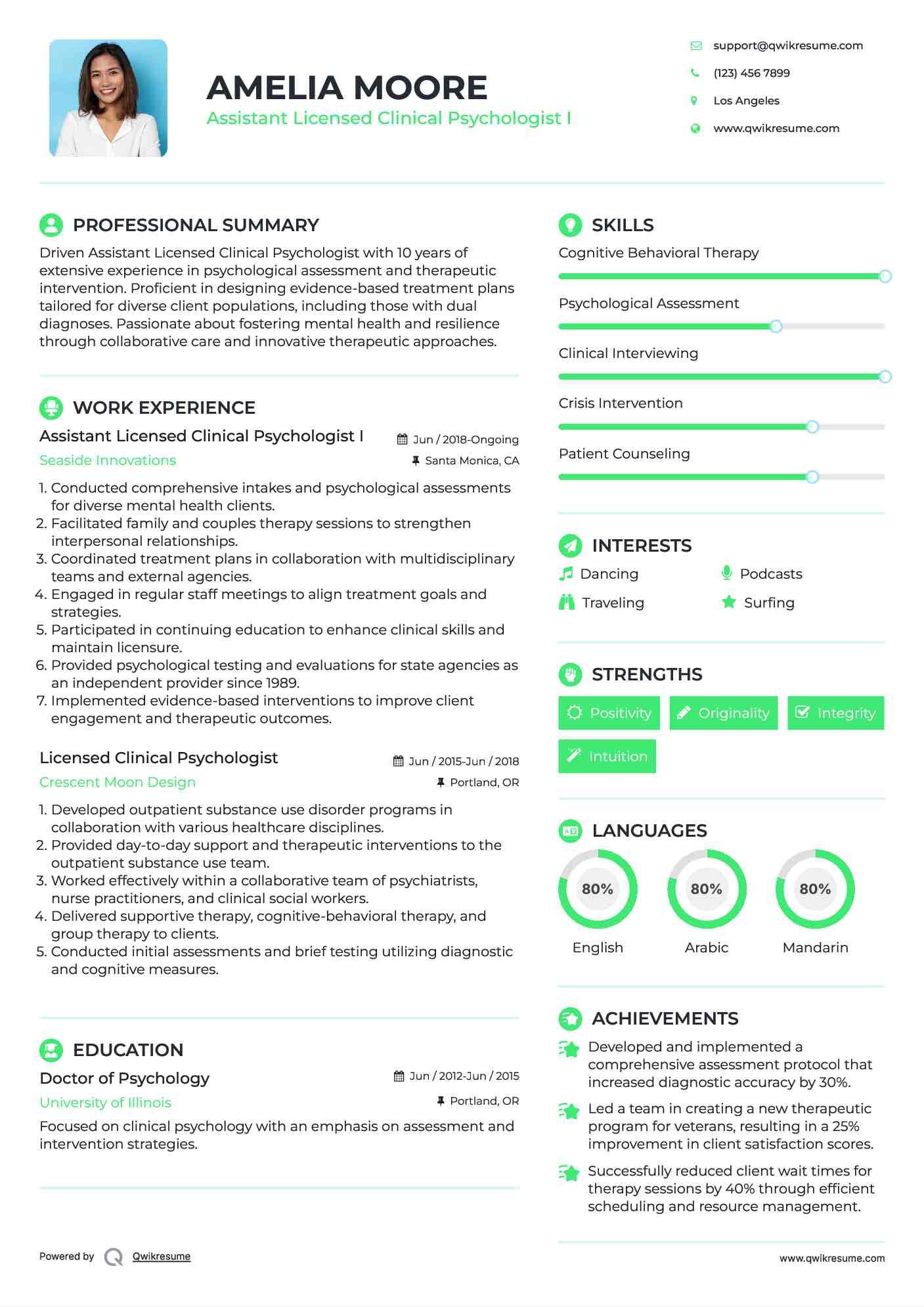 Assistant Licensed Clinical Psychologist I Resume Sample