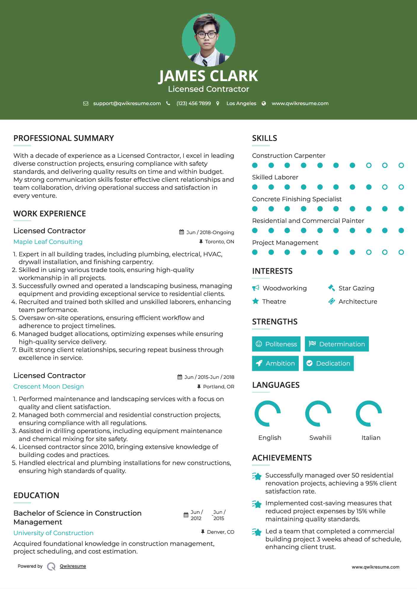 Licensed Contractor Resume Sample