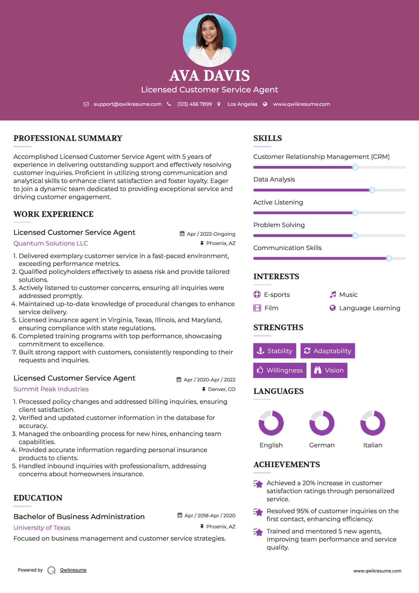 Licensed Customer Service Agent Resume Sample