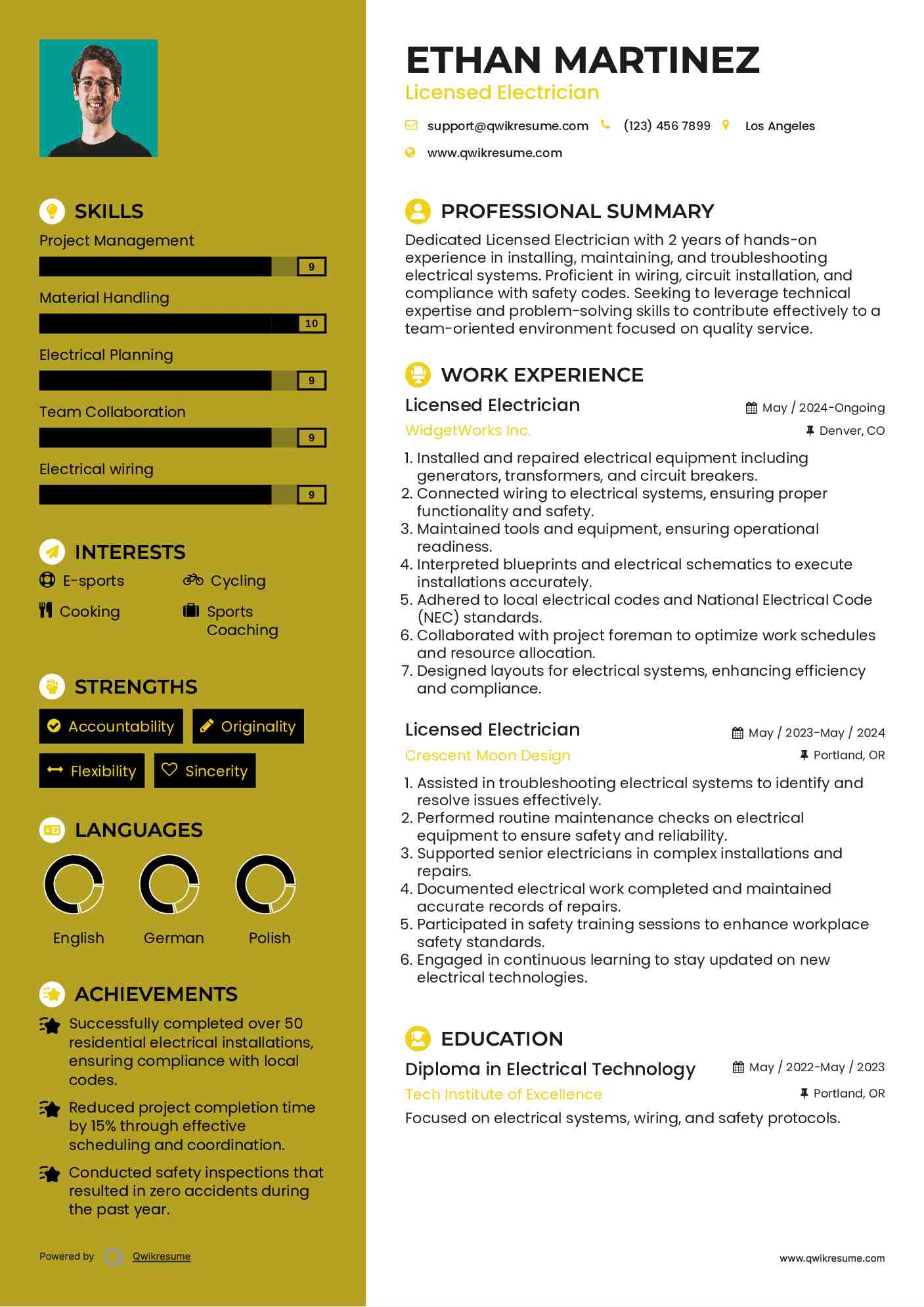 Licensed Electrician Resume Sample