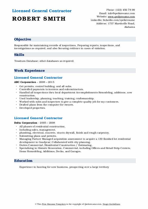 Licensed General Contractor Resume Samples QwikResume