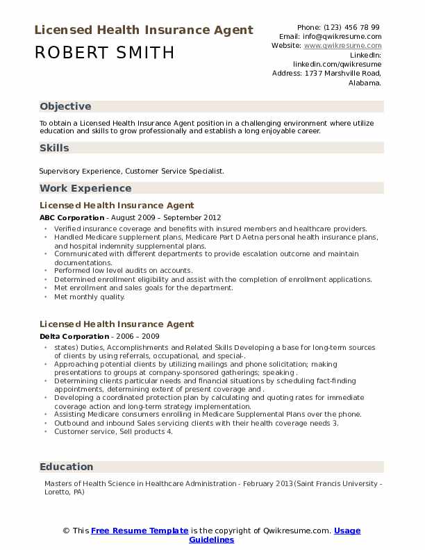 Licensed Health Insurance Agent Resume Samples QwikResume