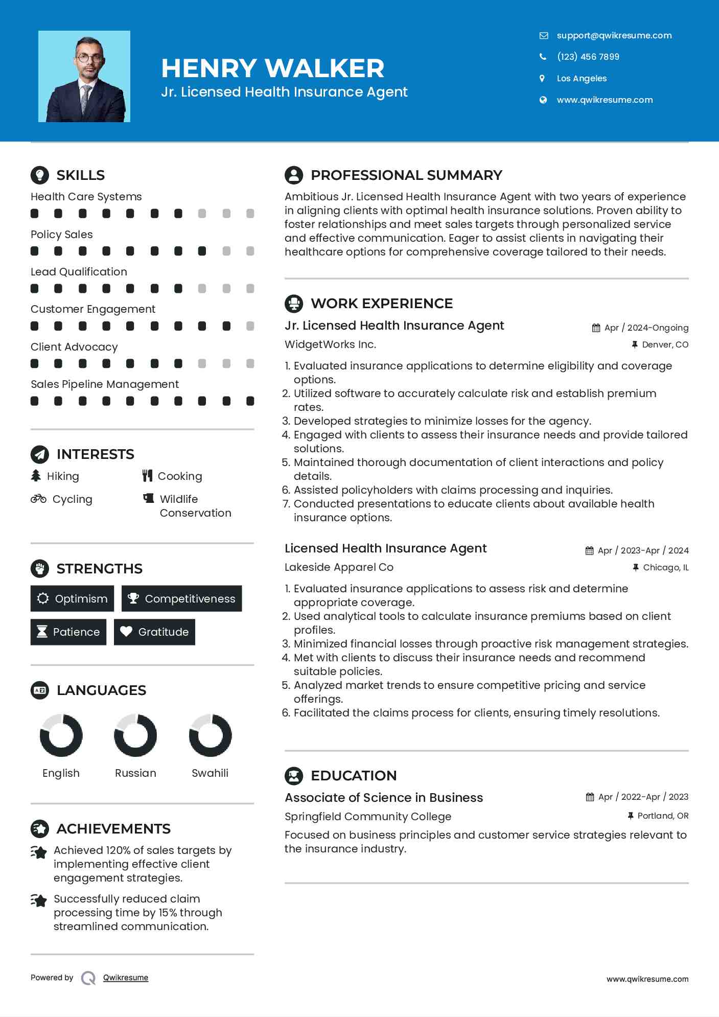 Jr. Licensed Health Insurance Agent Resume Sample