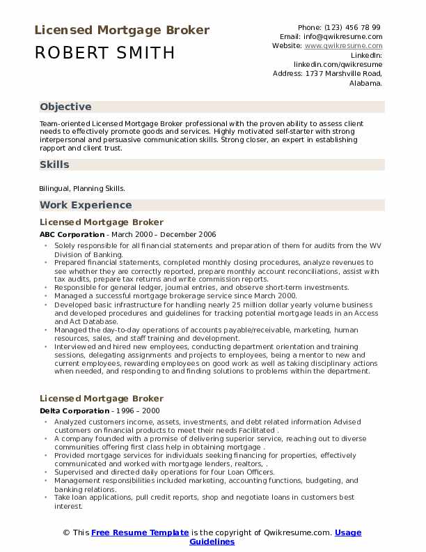 Licensed Mortgage Broker Resume Samples QwikResume