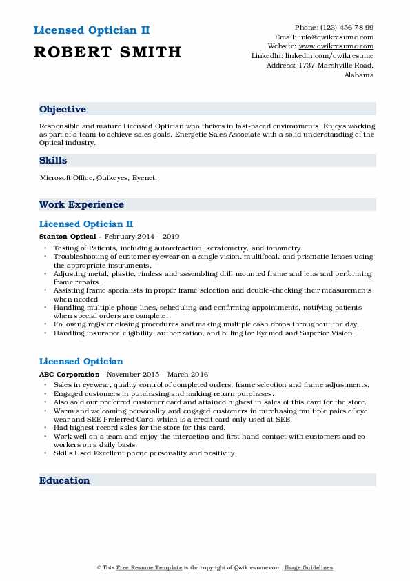 Licensed Optician Resume Samples QwikResume