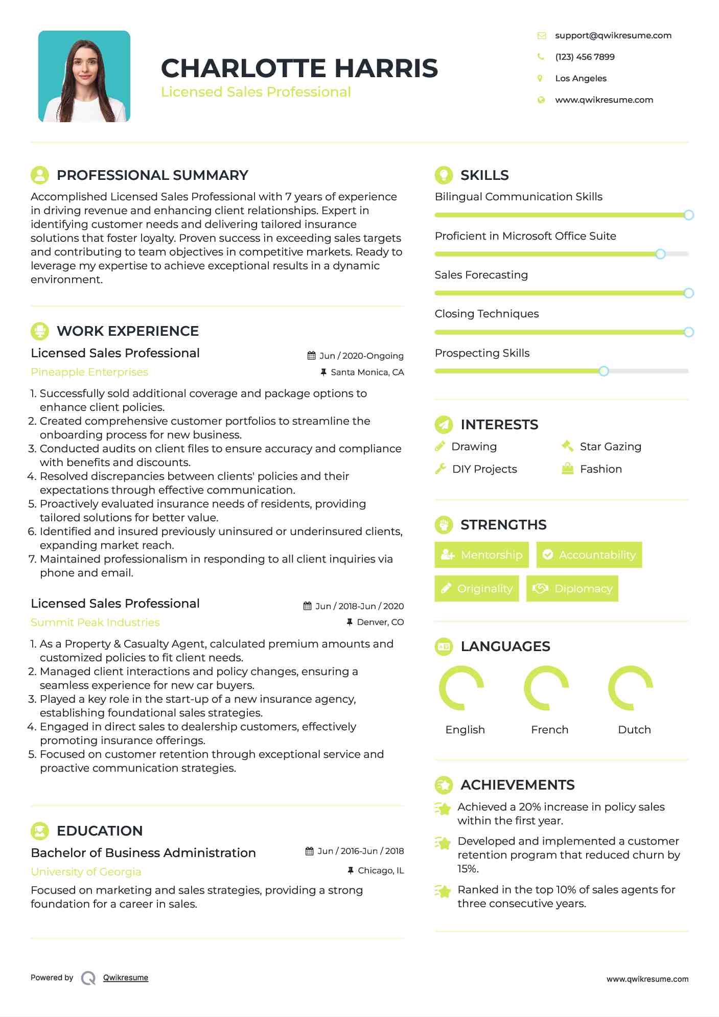 Licensed Sales Professional Resume Example