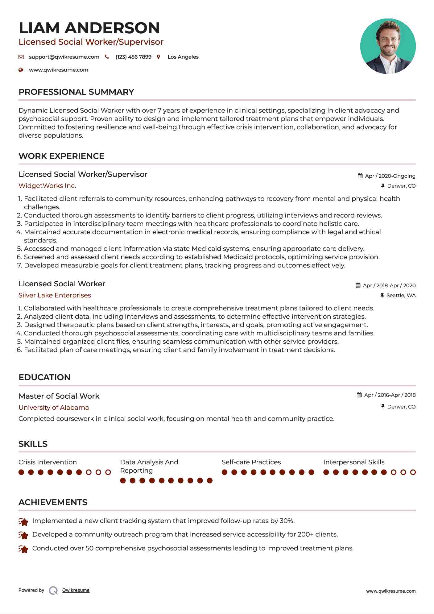 Licensed Social Worker/Supervisor Resume Template