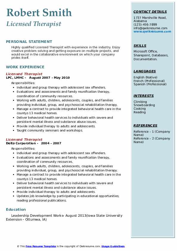 Licensed Therapist Resume Samples Qwikresume