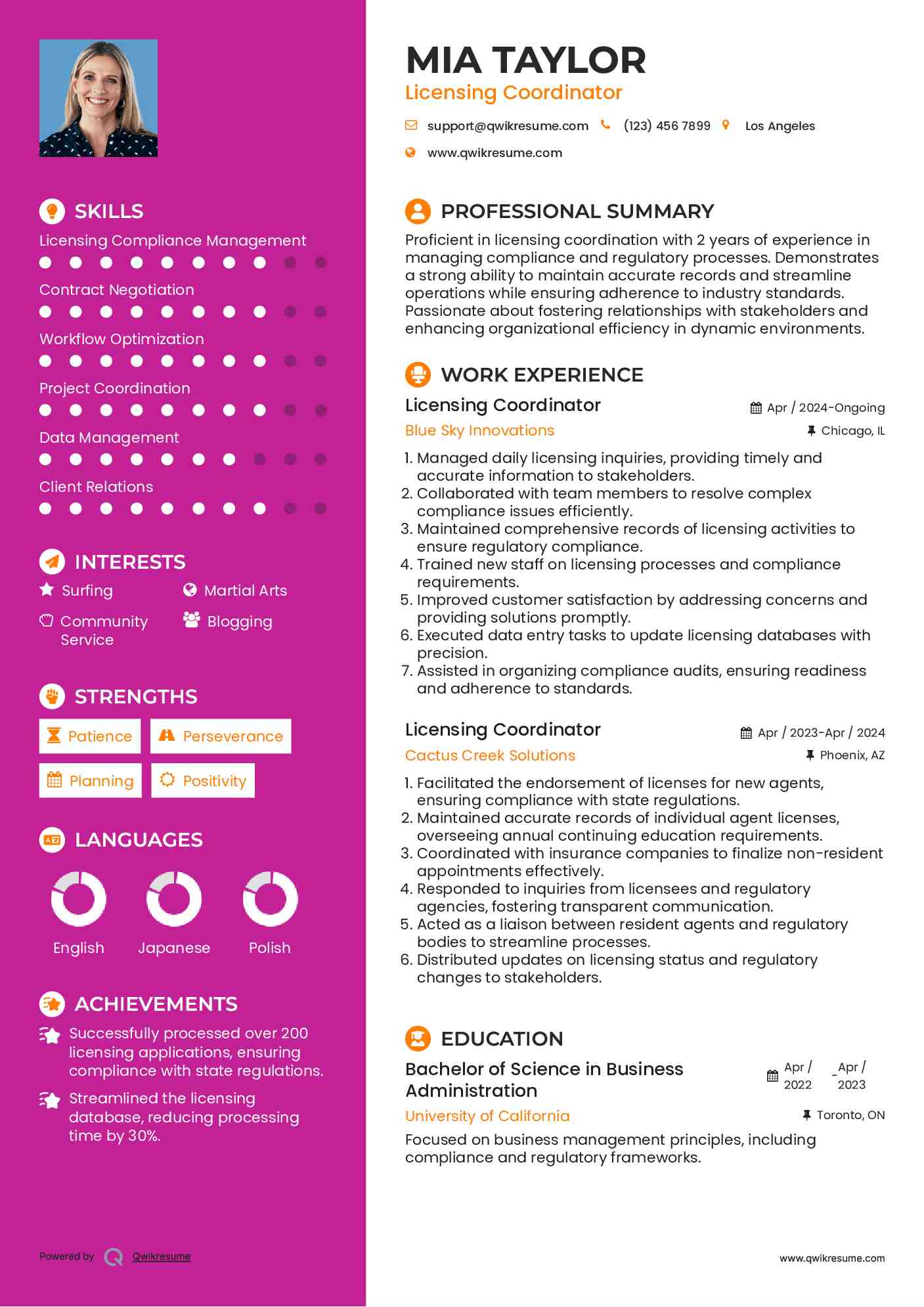 Licensing Coordinator Resume Sample