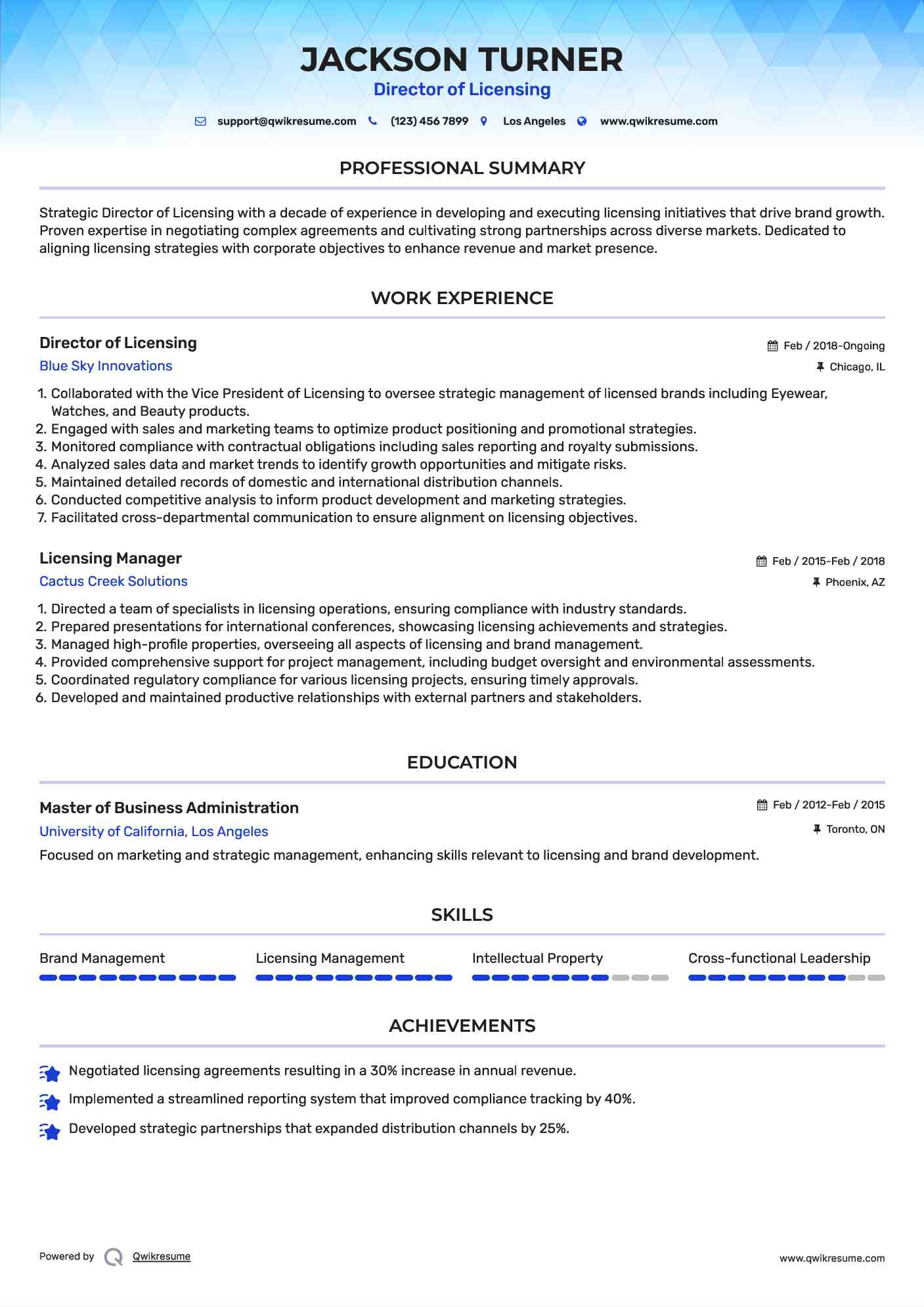 Director of Licensing Resume Format