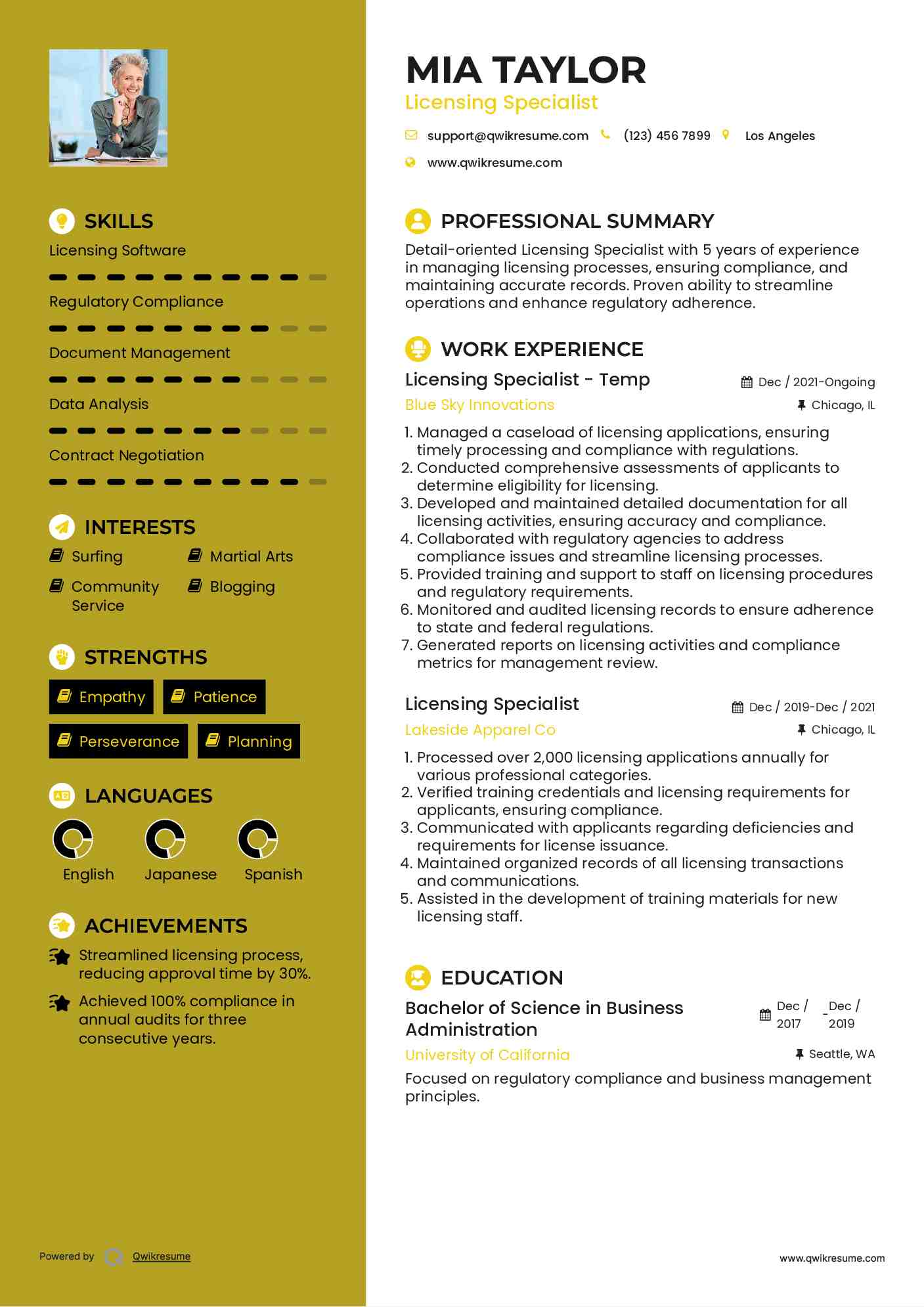 Licensing Specialist - Temp Resume Template
