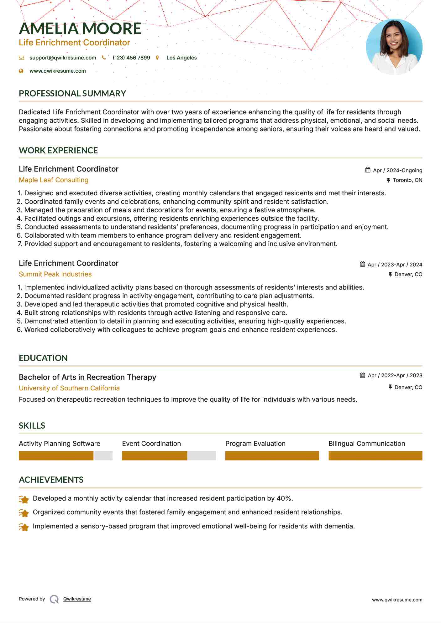 Life Enrichment Coordinator Resume Format