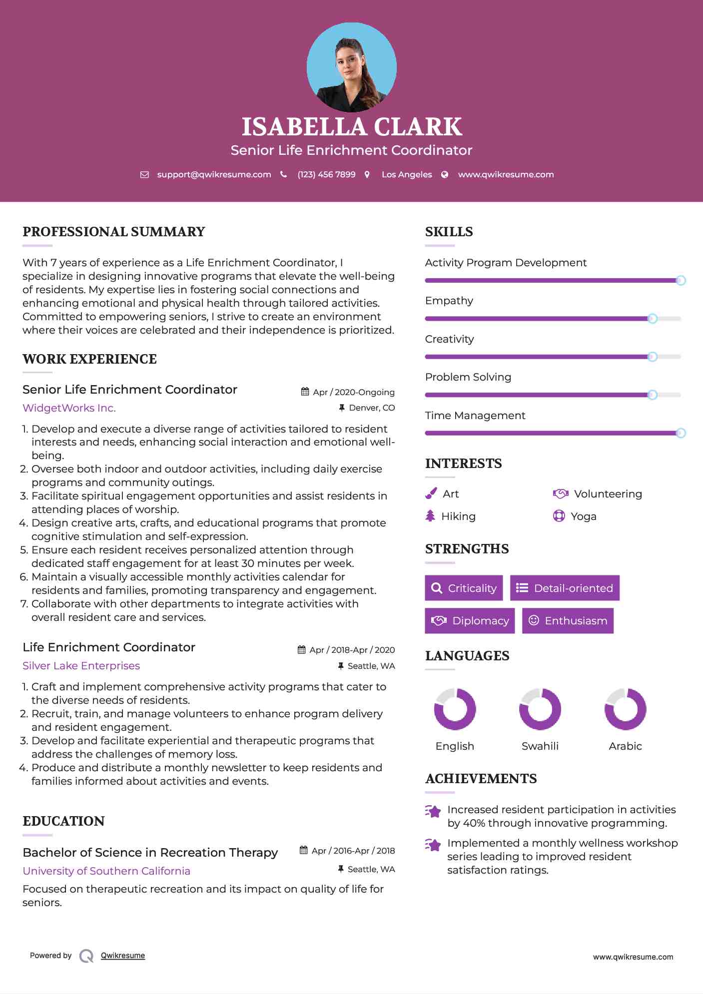 Senior Life Enrichment Coordinator Resume Example
