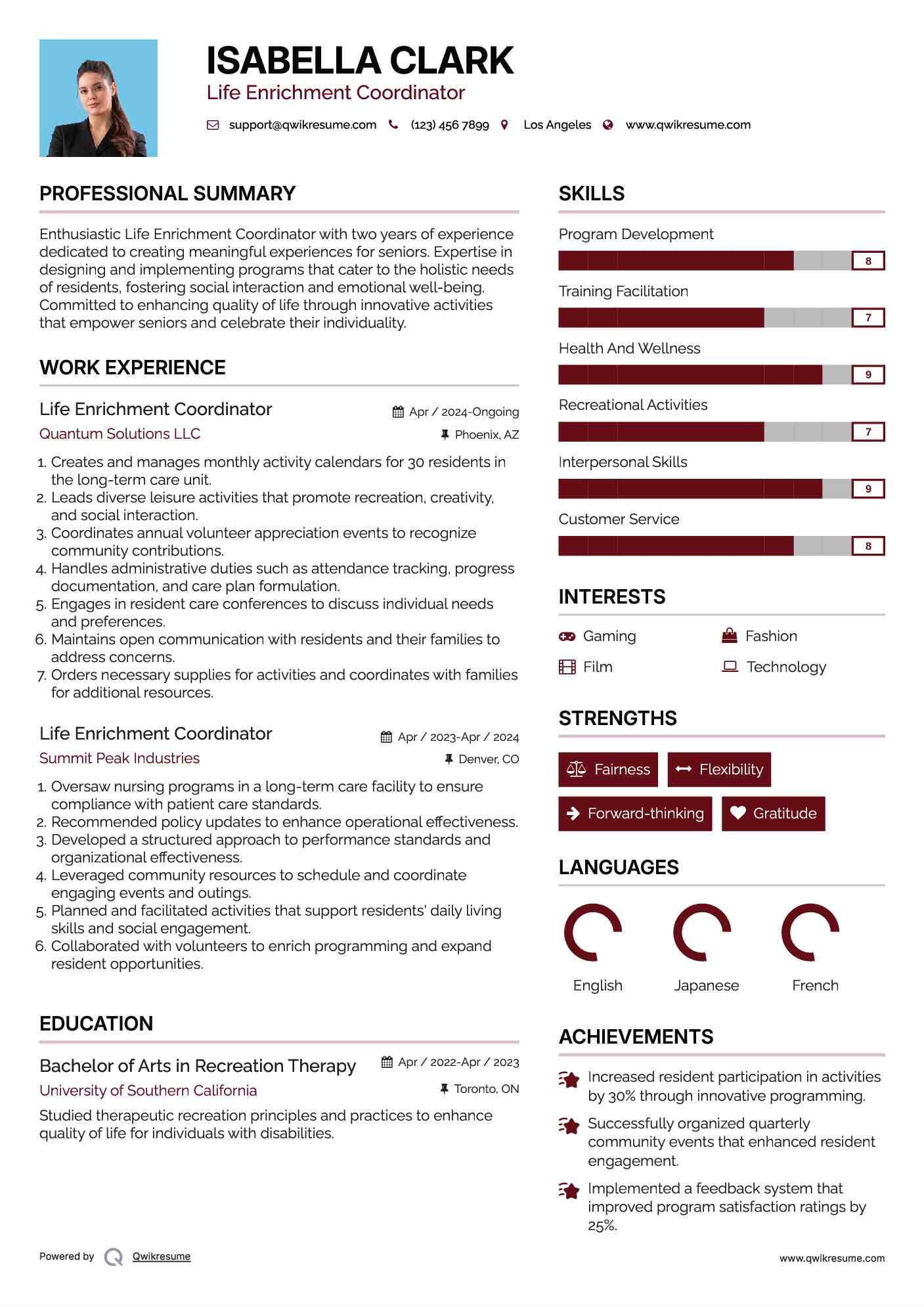 Life Enrichment Coordinator Resume Format