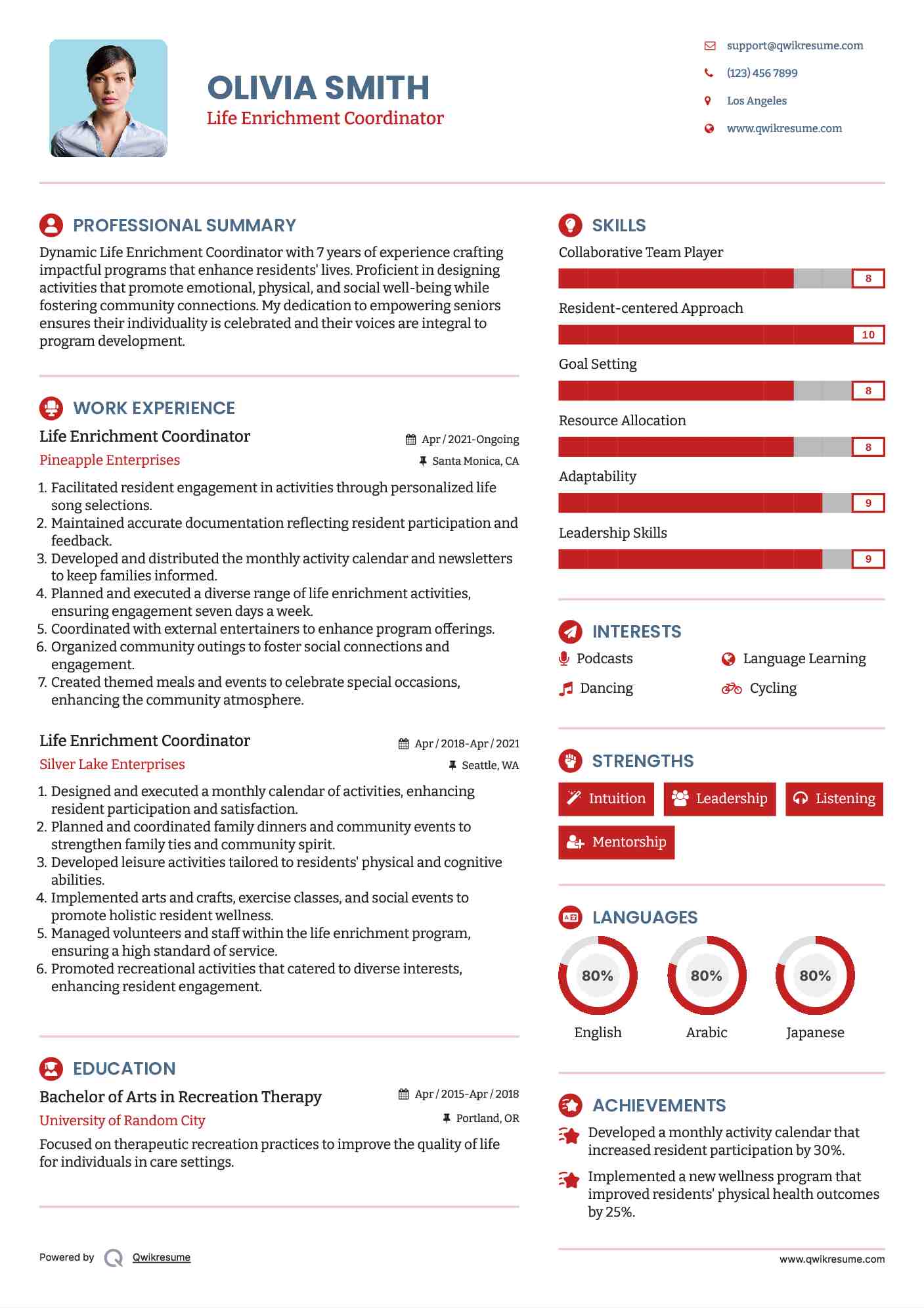 Life Enrichment Coordinator Resume Model