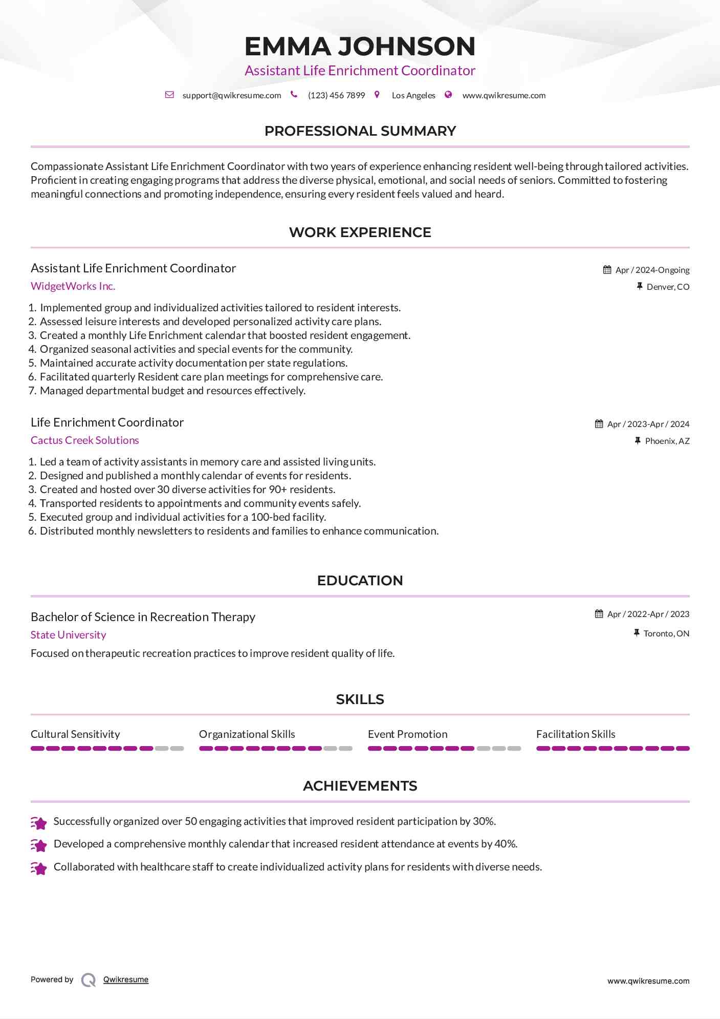 life-enrichment-coordinator-resume-samples-qwikresume