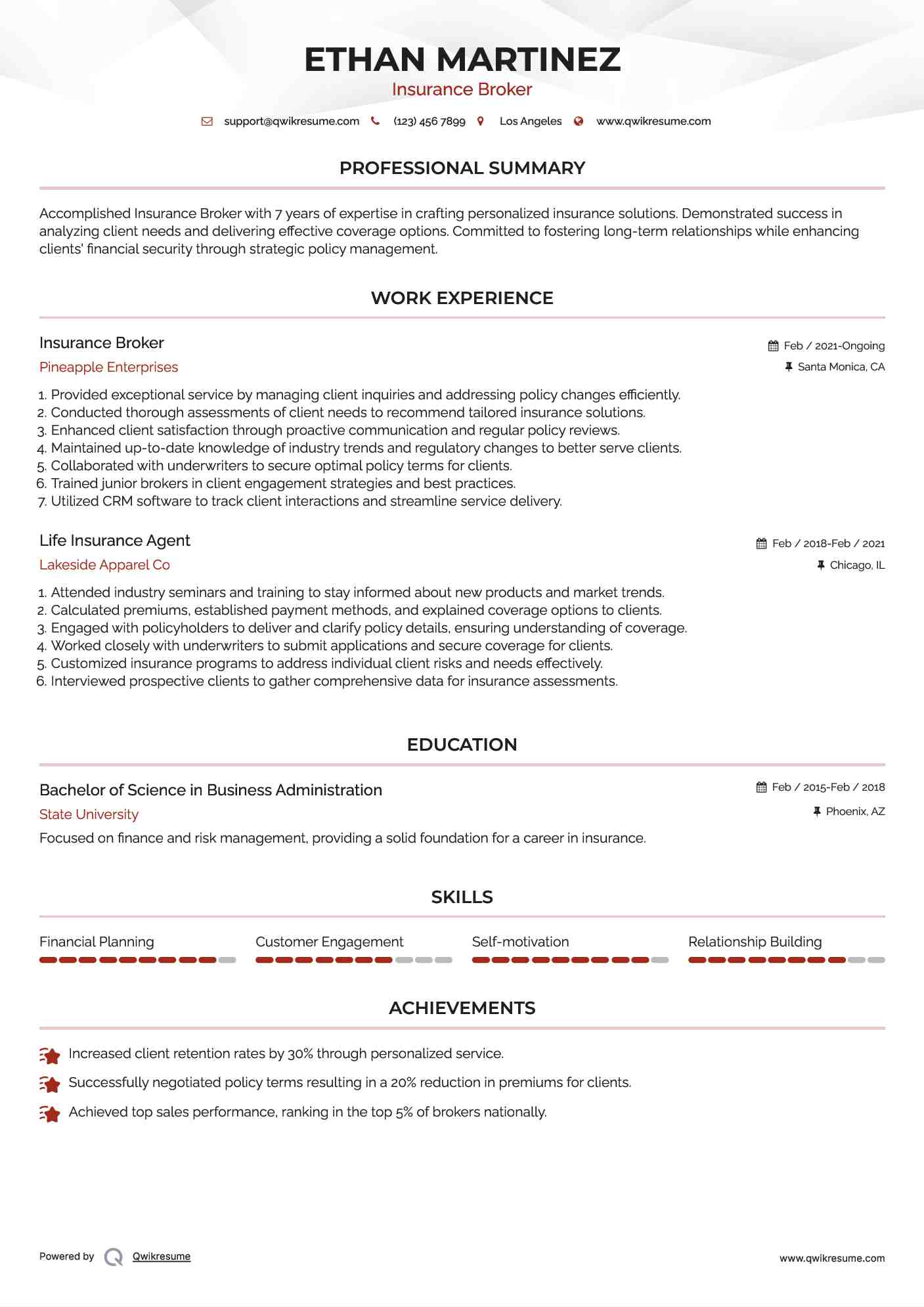 Insurance Broker Resume Sample