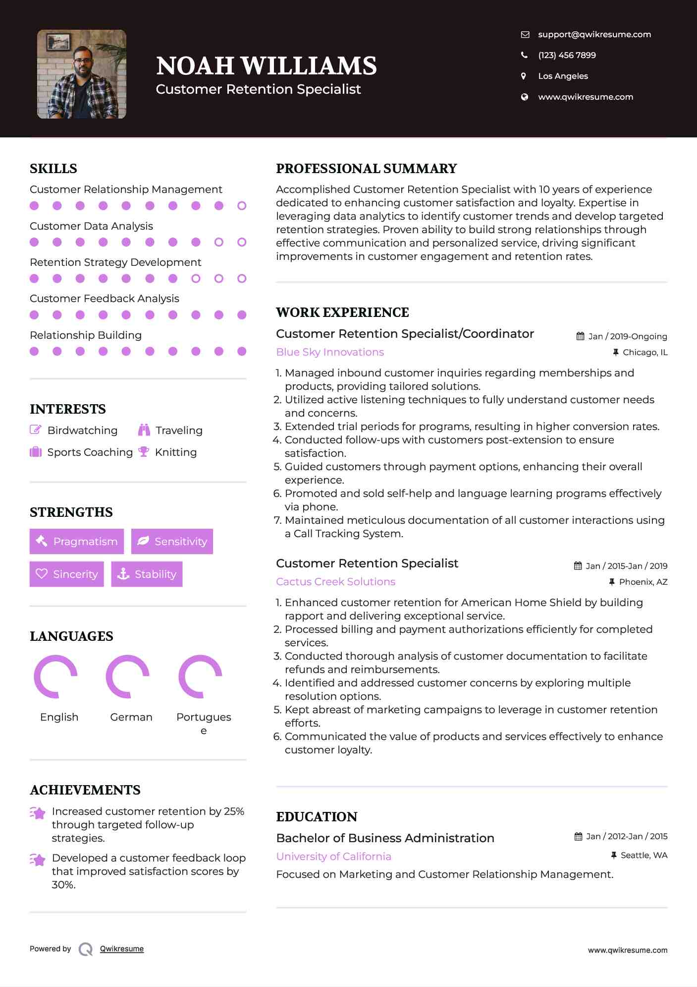 Customer Retention Specialist/Coordinator Resume Sample