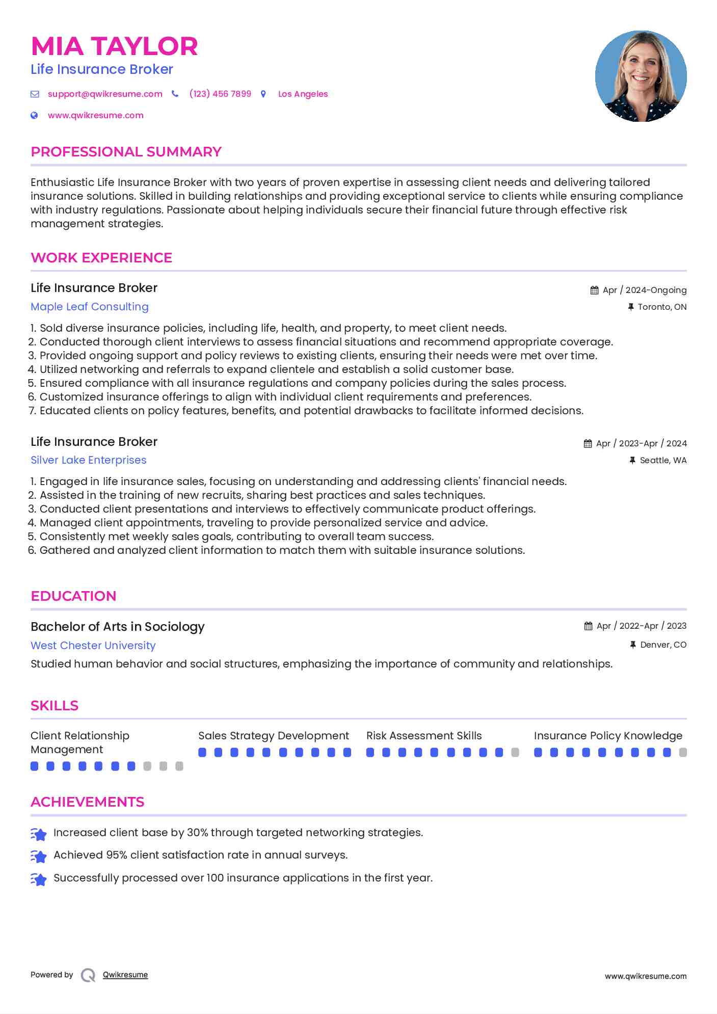 Life Insurance Broker Resume Format