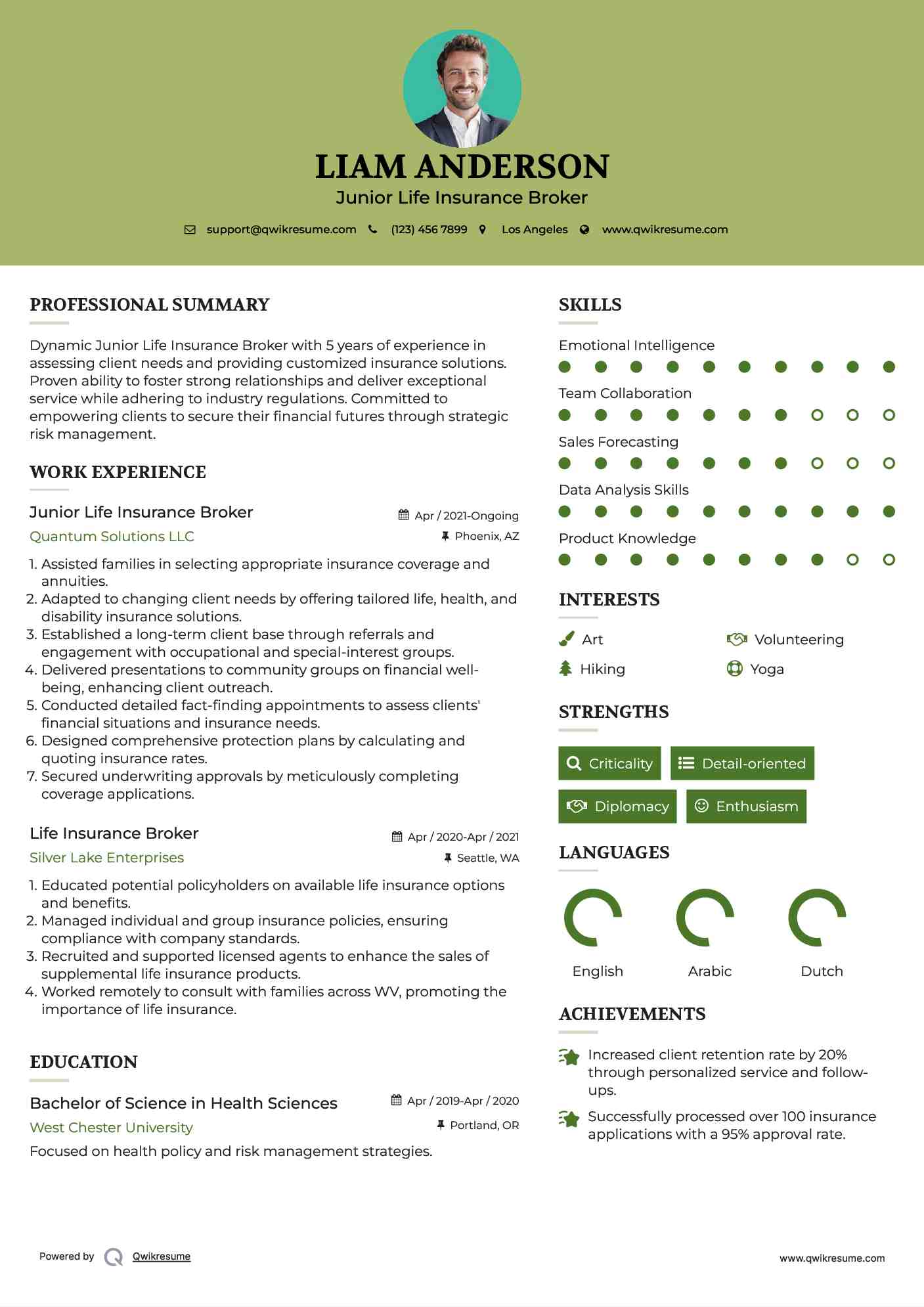 Junior Life Insurance Broker Resume Sample