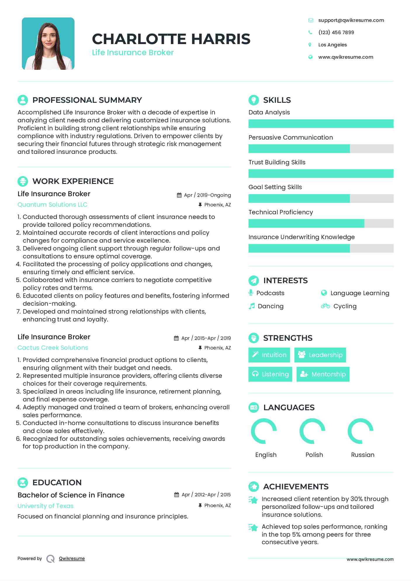 Life Insurance Broker Resume Template