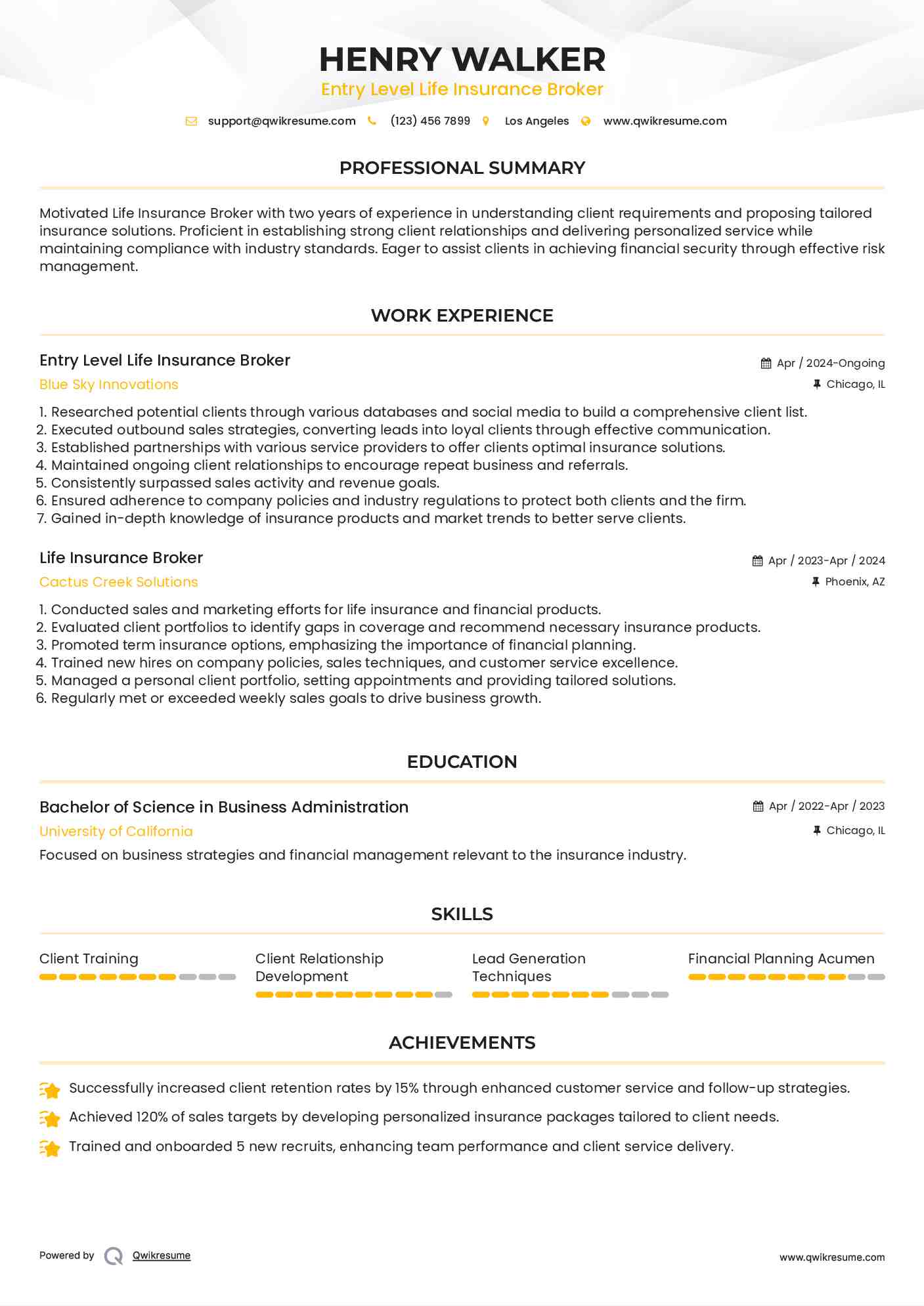 Entry Level Life Insurance Broker
 Resume Template