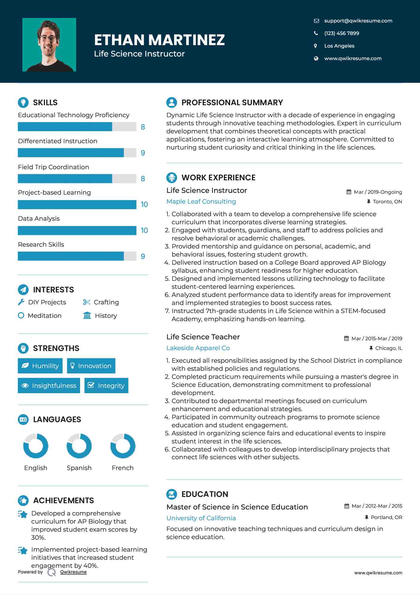Life Science Teacher Resume Samples QwikResume
