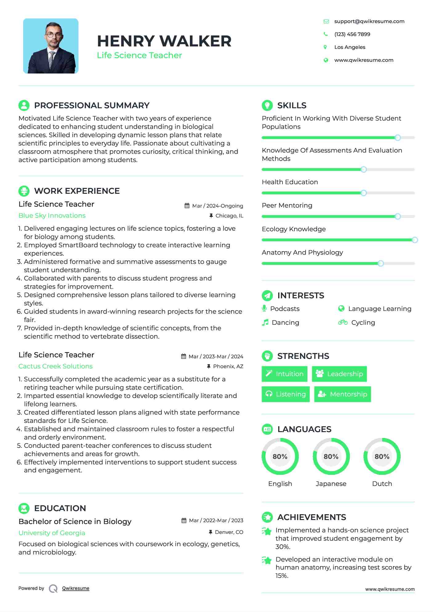 Life Science Teacher Resume Format